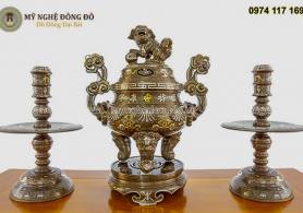 Bộ đỉnh đồng tam sự hoa sòi khảm ngũ sắc 1 chữ vàng cao 60 cm